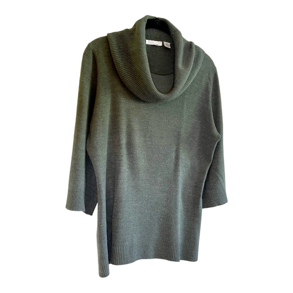 LUXE 360, WOMENS, COWL NECK, GREY SWEATER TOP. 3/4 FLARE SLEEVE. SIZE XL